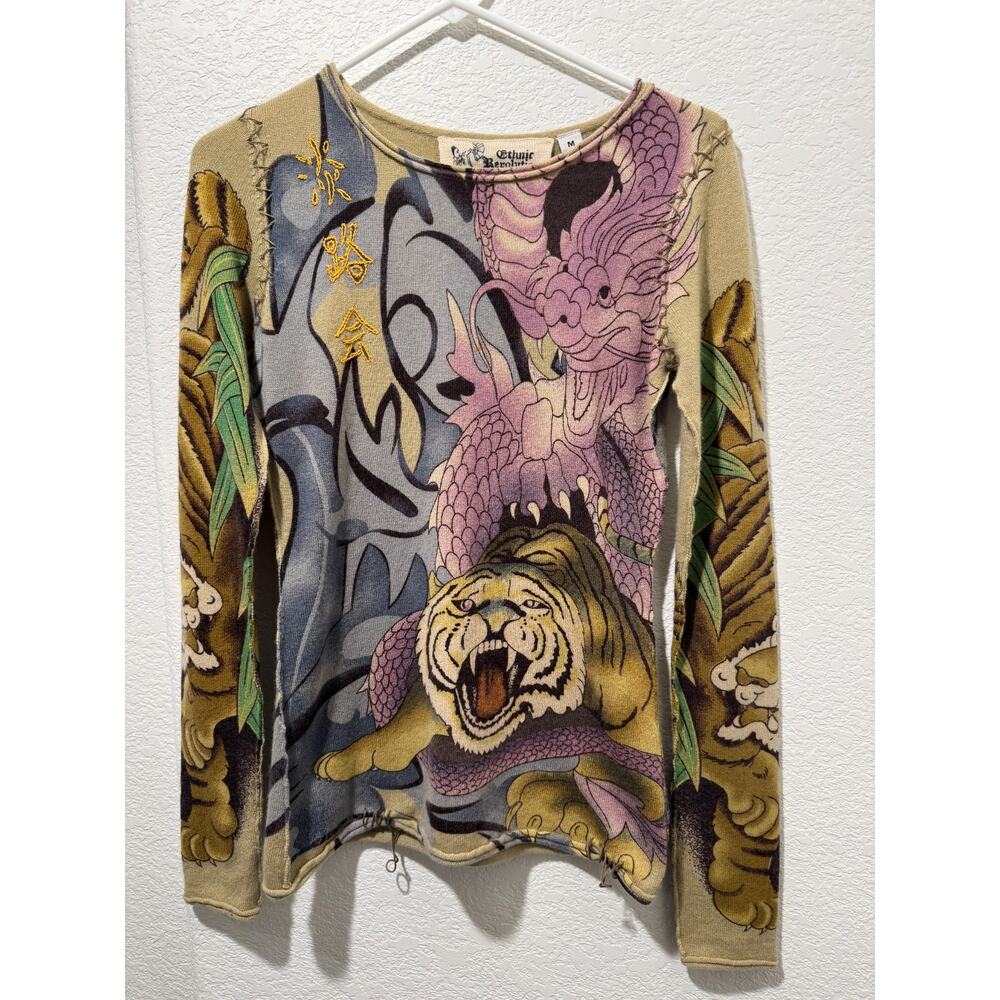 Rare Y2K Ethnic Revolution 100% Cashmere Knit Sweater Tiger Dragon Sz M Pullover